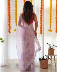 Designer Organza Silk Gota Patti Work Lilac Saree With Pink Blouse