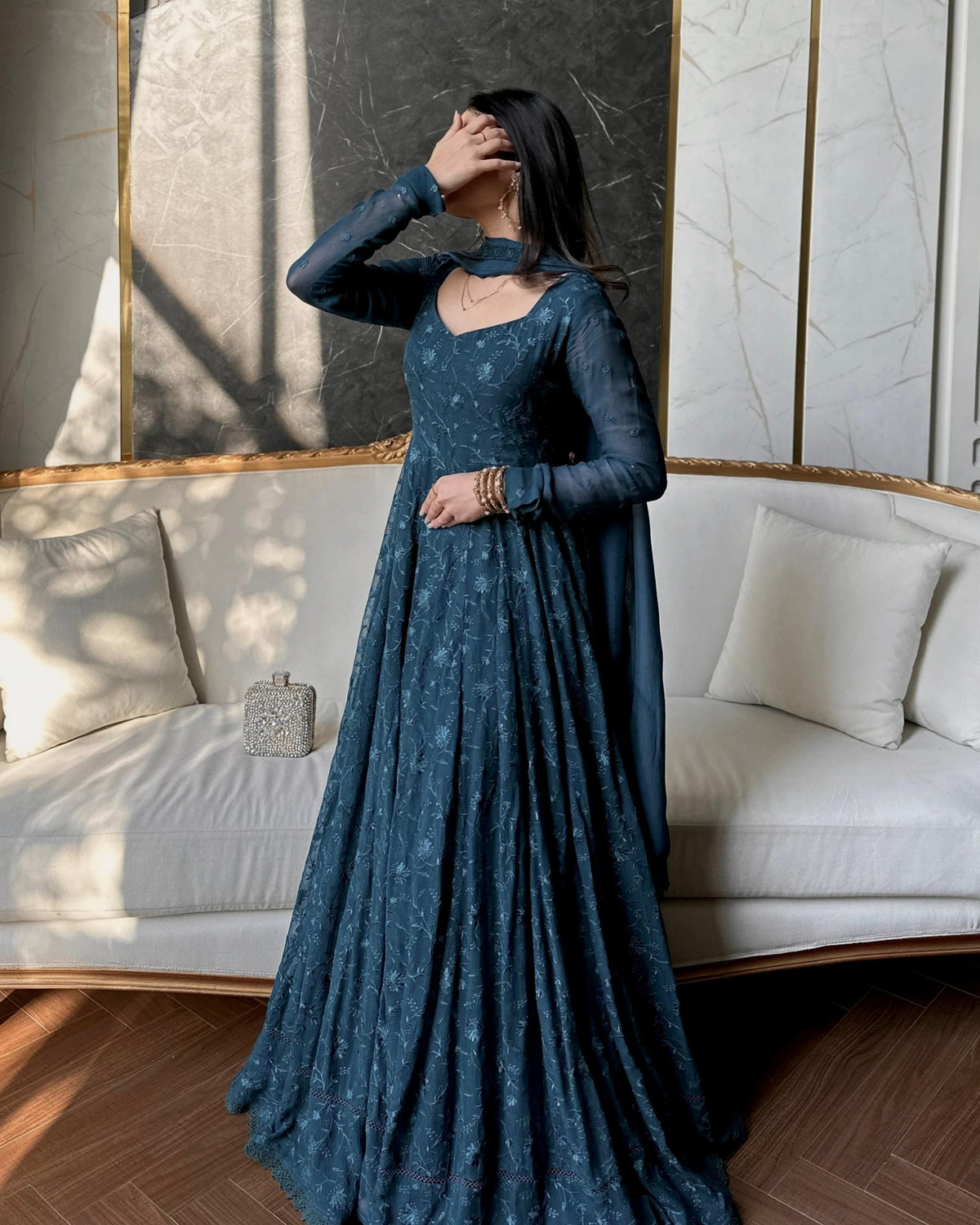 Ready To Wear Deep Teal Blue Soft Georgette Embroidery Gown Pant With Dupatta