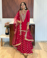 Ready To Wear Red Pure Georgette Embroidery Work Sharara Suit With Dupatta