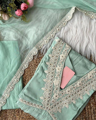 Designer Sea Green Roman Silk Cording Embroidery Work Pant Suit With Dupatta