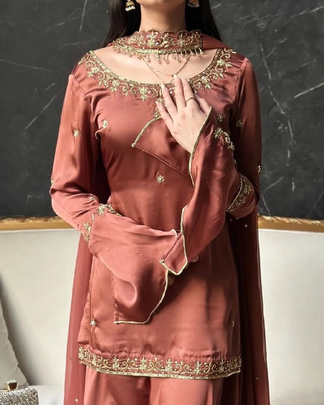 Ready To Wear Rust Brown Natural Crep Silk Palazo Kurti With Dupatta