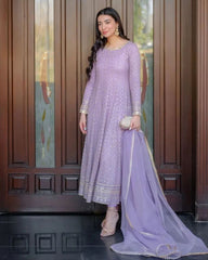 Designer Lilac Pure Georgette Embroidery Work Anarkali Suit With Dupatta