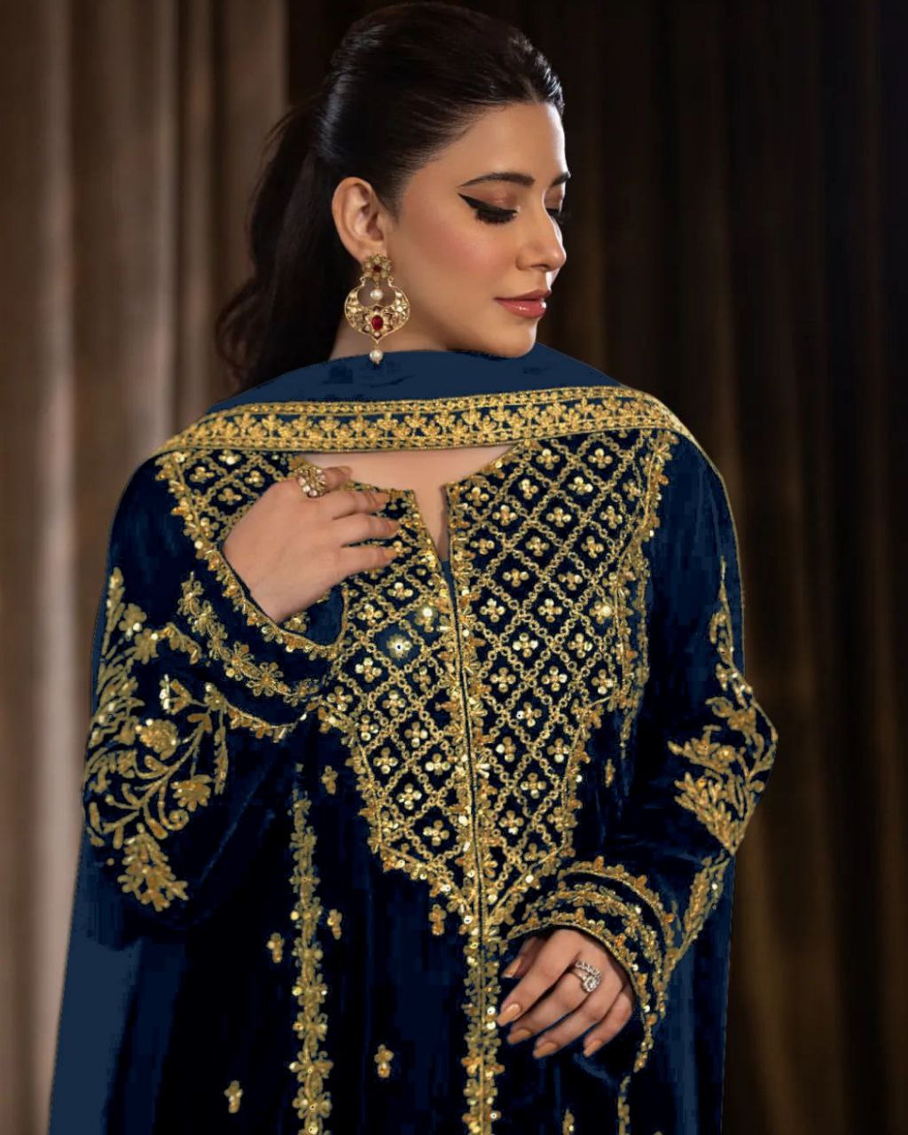 Ready To Wear Blue Micro Velvet Embroidery Work Pakistani Suit With Dupatta