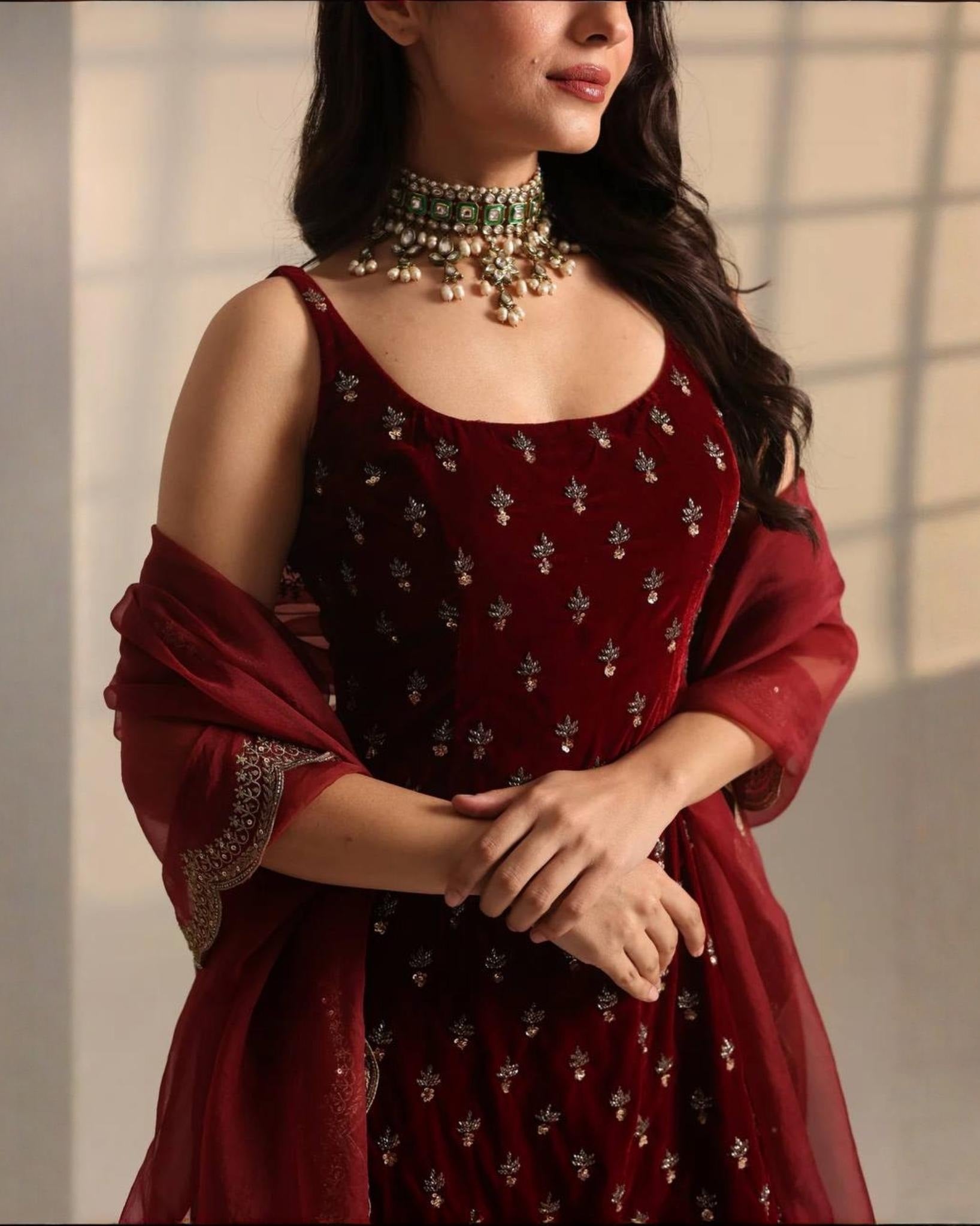 Exclusive Maroon Roman Glass Silk Embroidery Top Bottom With Dupatta
