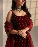 Exclusive Maroon Roman Glass Silk Embroidery Top Bottom With Dupatta