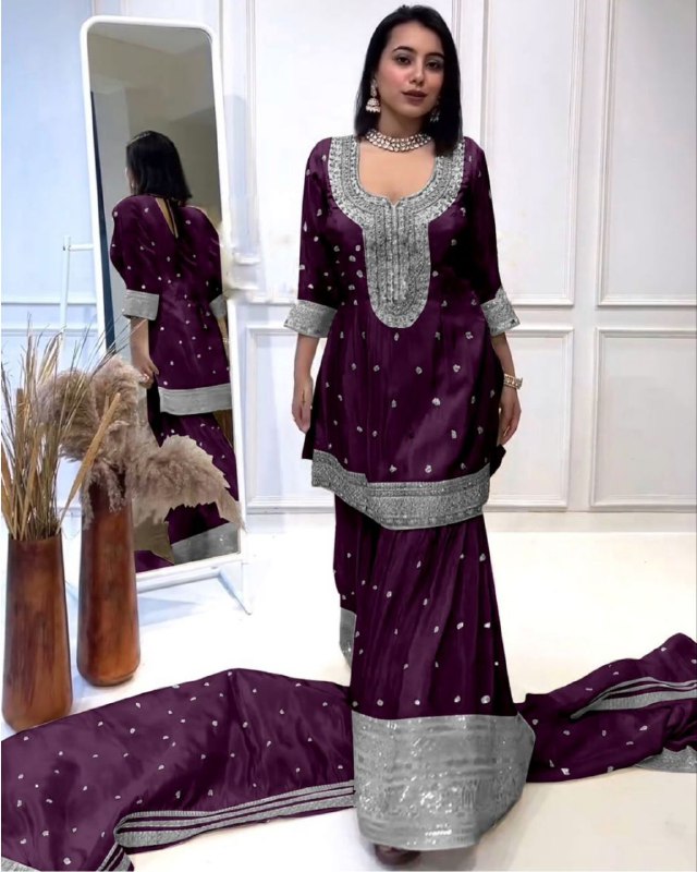 Ready To Wear Wine chinon silk Embroidery Work plazzo suit With Dupatta