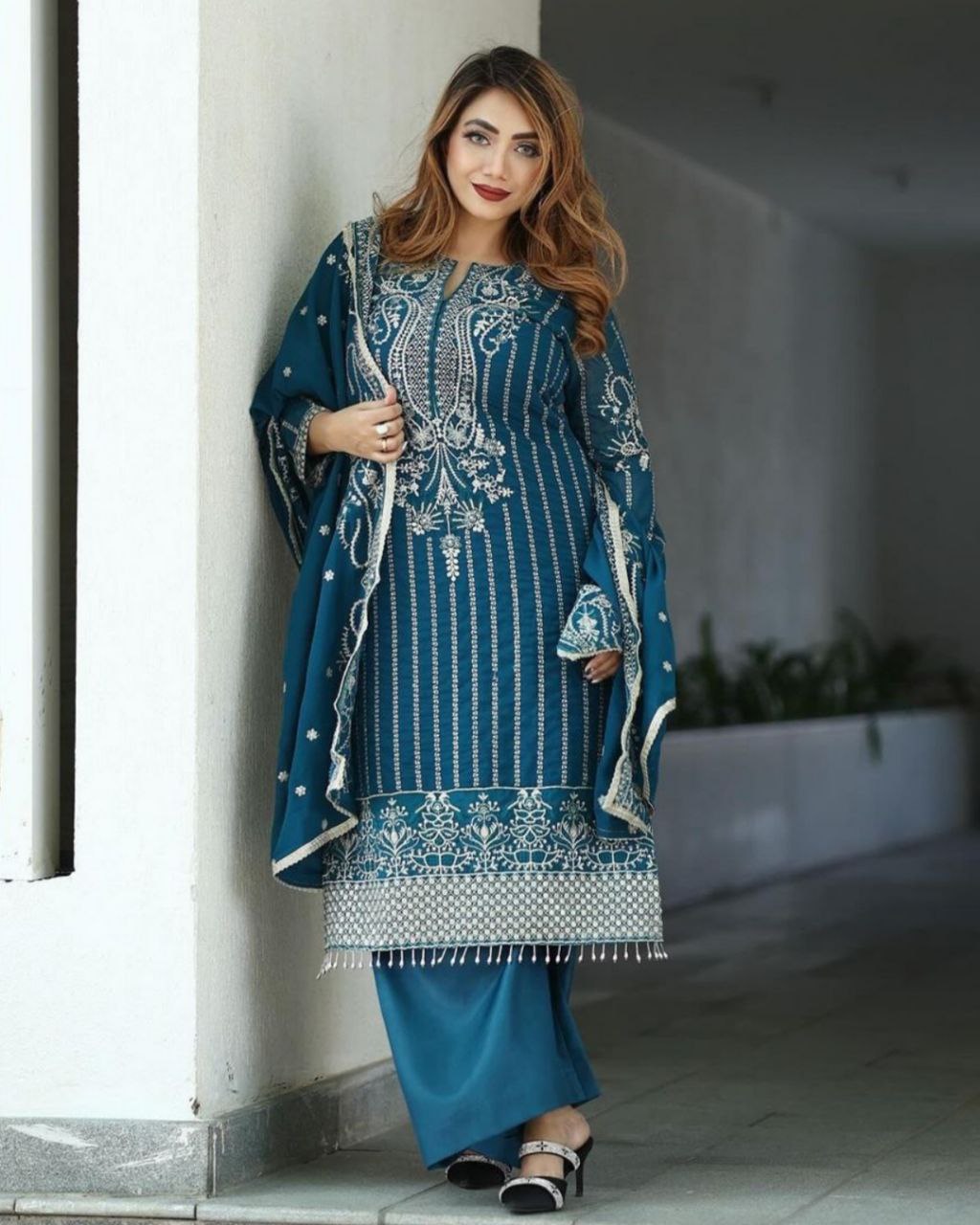 Ready To Wear Teal Blue Chinon Silk Embroidery Work Pakistani Suit With Dupatta