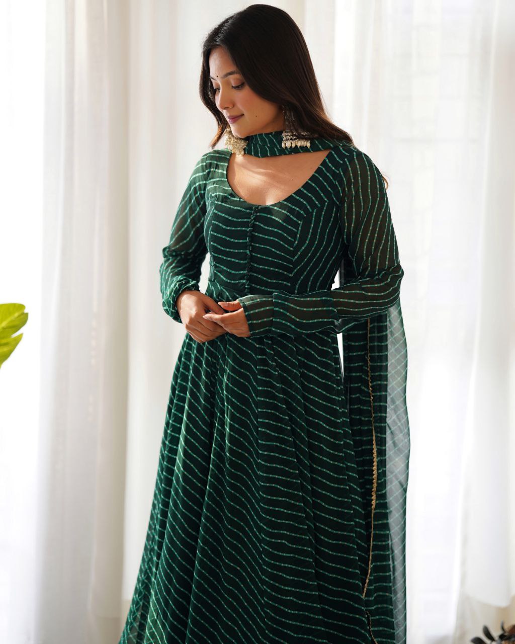 Ready To Wear Bottle Green Pure Georgette Leheriya Print Work Anarkali Suit With Dupatta