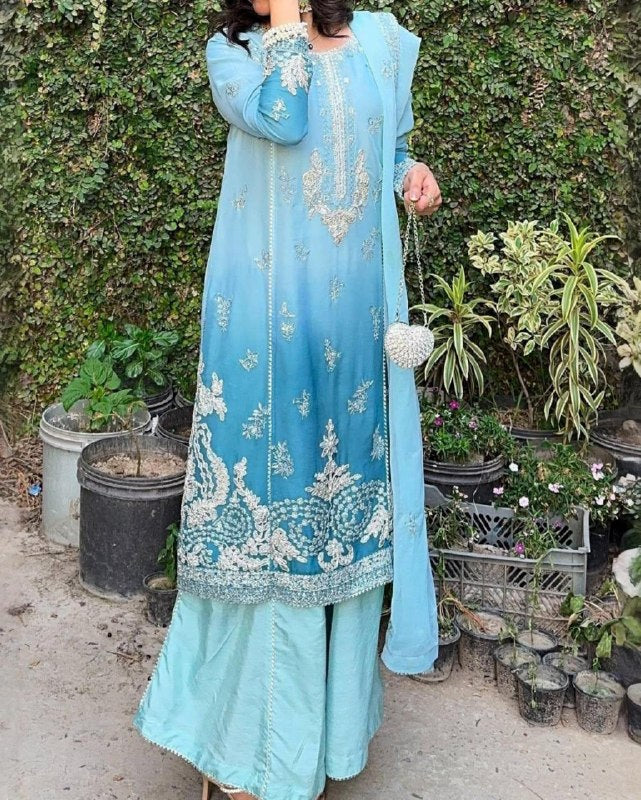 Ready To Wear Sky Blue Chinon Silk Embroidery Kurti Palazo With Dupatta