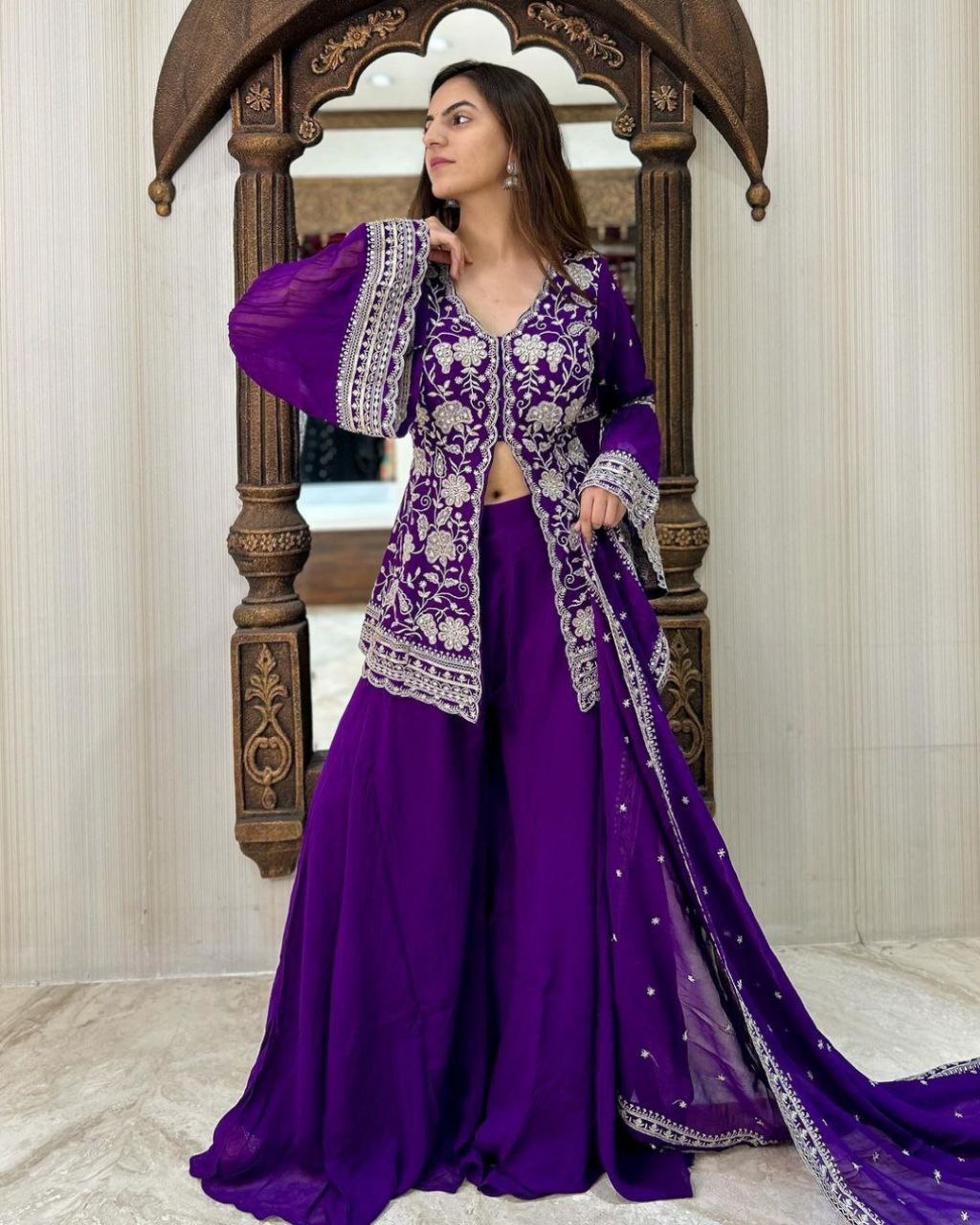 Ready To Wear Purple Pure Georgette Embroidery Work Plazzo Suit With Dupatta