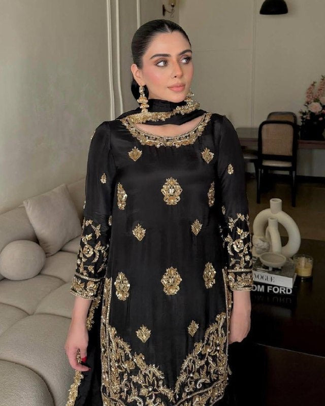 Ready To Wear Black Maslin Cotton Embroidery Sharara Kurti With Dupatta