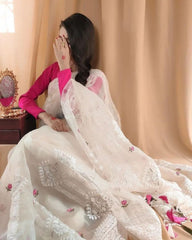 Designer Soft Tabby Silk Lucknowi Chikan Work White Saree With Pink Blouse