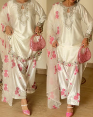 Exclusive White Japan Satin Silk Embroidery Farshi Salwar Suit With Dupatta