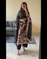 Ready To Wear Black Tapeta Silk Embroidery Work Pakistani Suit With Dupatta