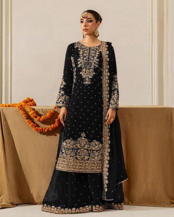 Exclusive Pink Black Blue Purple Soft Georgette Embroidery Palazo Kurti With Dupatta