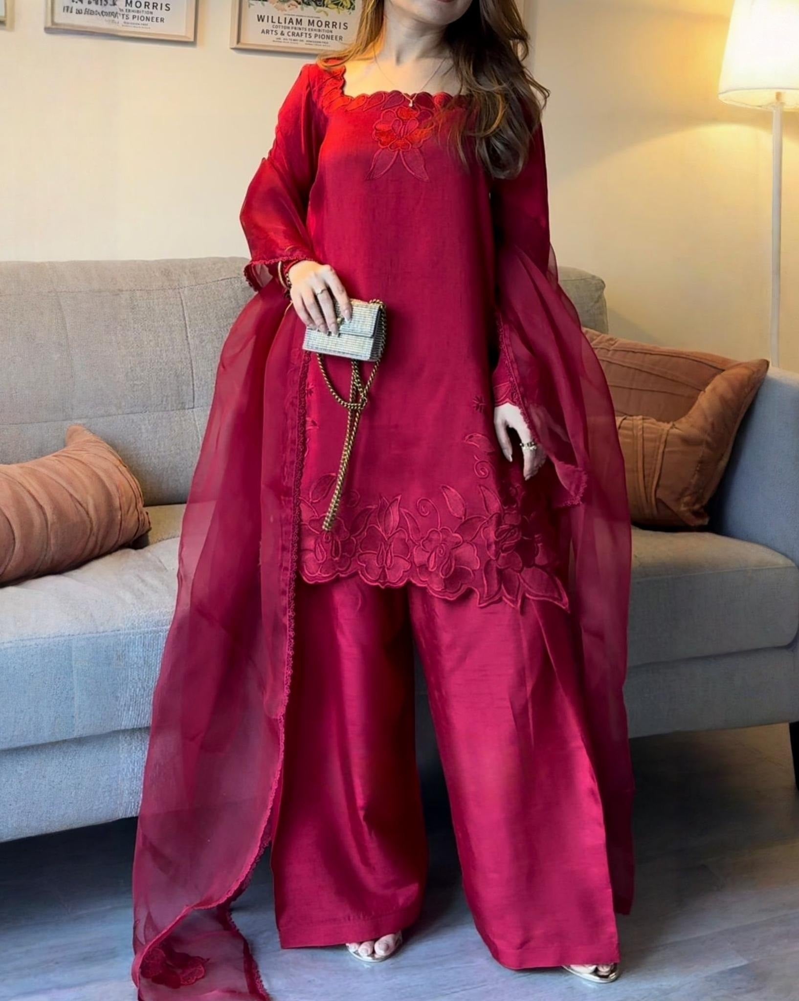 Ready To Wear Deep Wine Red Roman Silk Embroidery Farshi Salwar Kurti With Dupatta