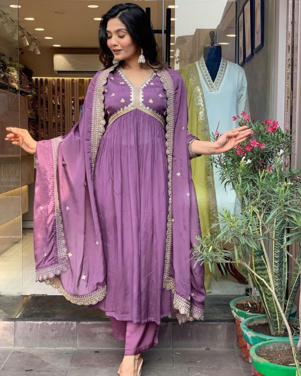 Ready To Wear Purple Chinon Silk Embroidery Work Alia Cut Suit With Dupatta