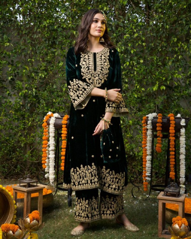 Ready To Wear Bottle Green Micro Velvet Embroidery Work Pakistani Suit With Dupatta