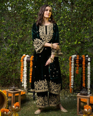 Ready To Wear Bottle Green Micro Velvet Embroidery Work Pakistani Suit With Dupatta