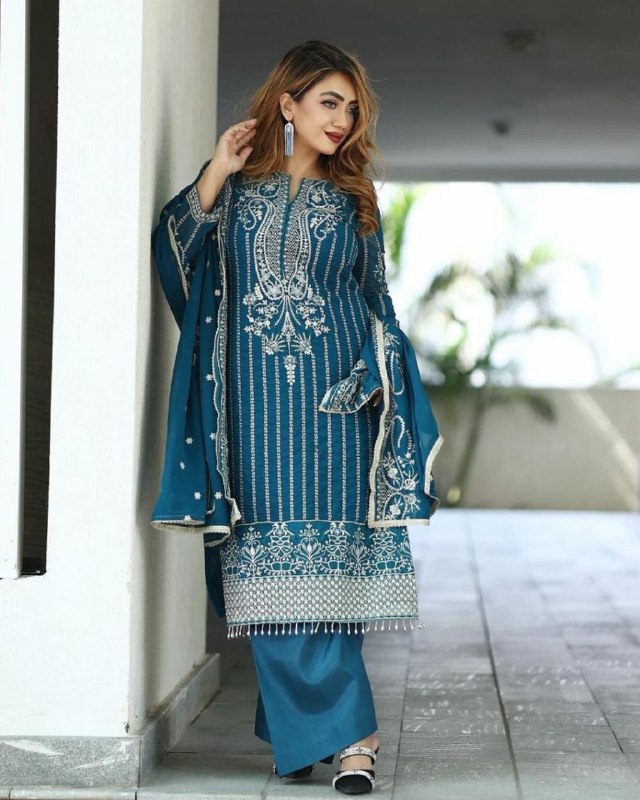 Ready To Wear Teal Blue Chinon Silk Embroidery Work Pakistani Suit With Dupatta