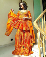 Ready To Wear Orange Faux Georgette Embroidery Work Gharara Suit With Dupatta