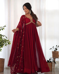 Ready To Wear Maroon Pure Georgette Embroidery Work Anarkali Gown With Dupatta