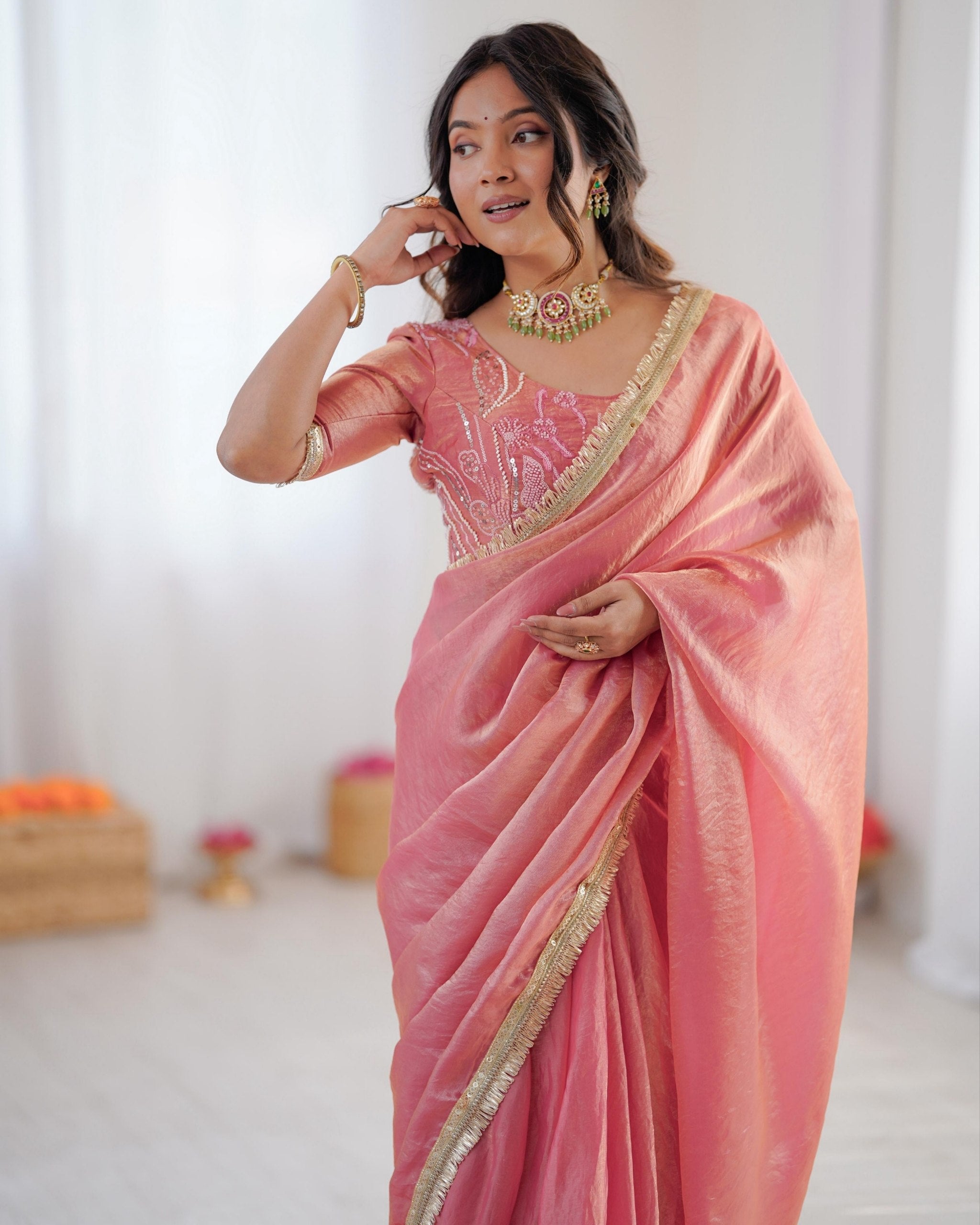 Premium Ready To Wear Peach Grey Simmer Silk Saree With Blouse
