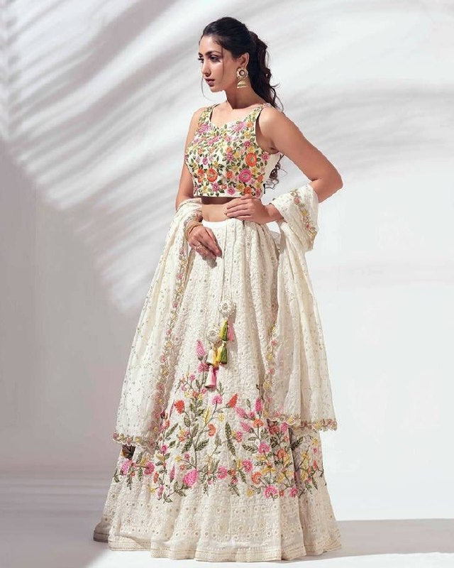 Exclusive White Heavy Georgette Embroidery Lehenga Blouse With Dupatta