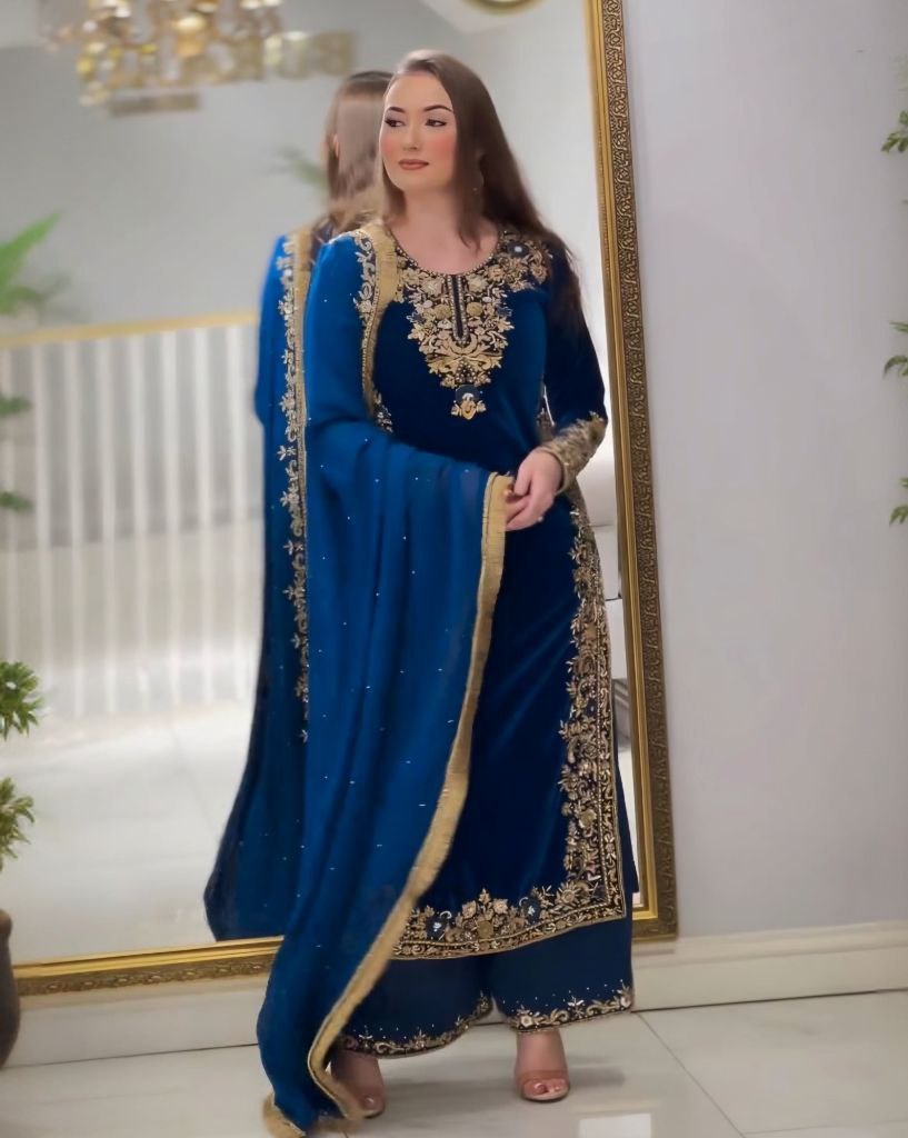 Ready To Wear Royal-Blue Pure Velvet Embroidery Work Palazo Suit With Dupatta