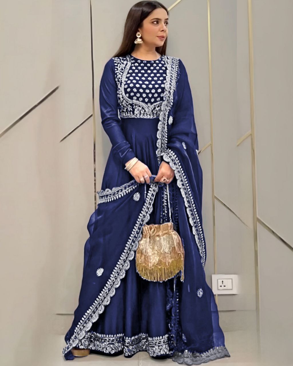 Ready To Wear Blue Faux Georgette Embroidery Work Anarkali Gown With Dupatta