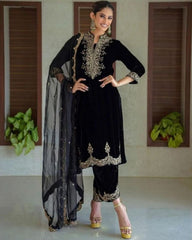 Ready To Wear Black Micro Velvet Embroidery Work Pakistani Suit With Dupatta