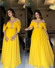 Ready To Wear Yellow Pure Georgette Embroidery Work Designer Gown