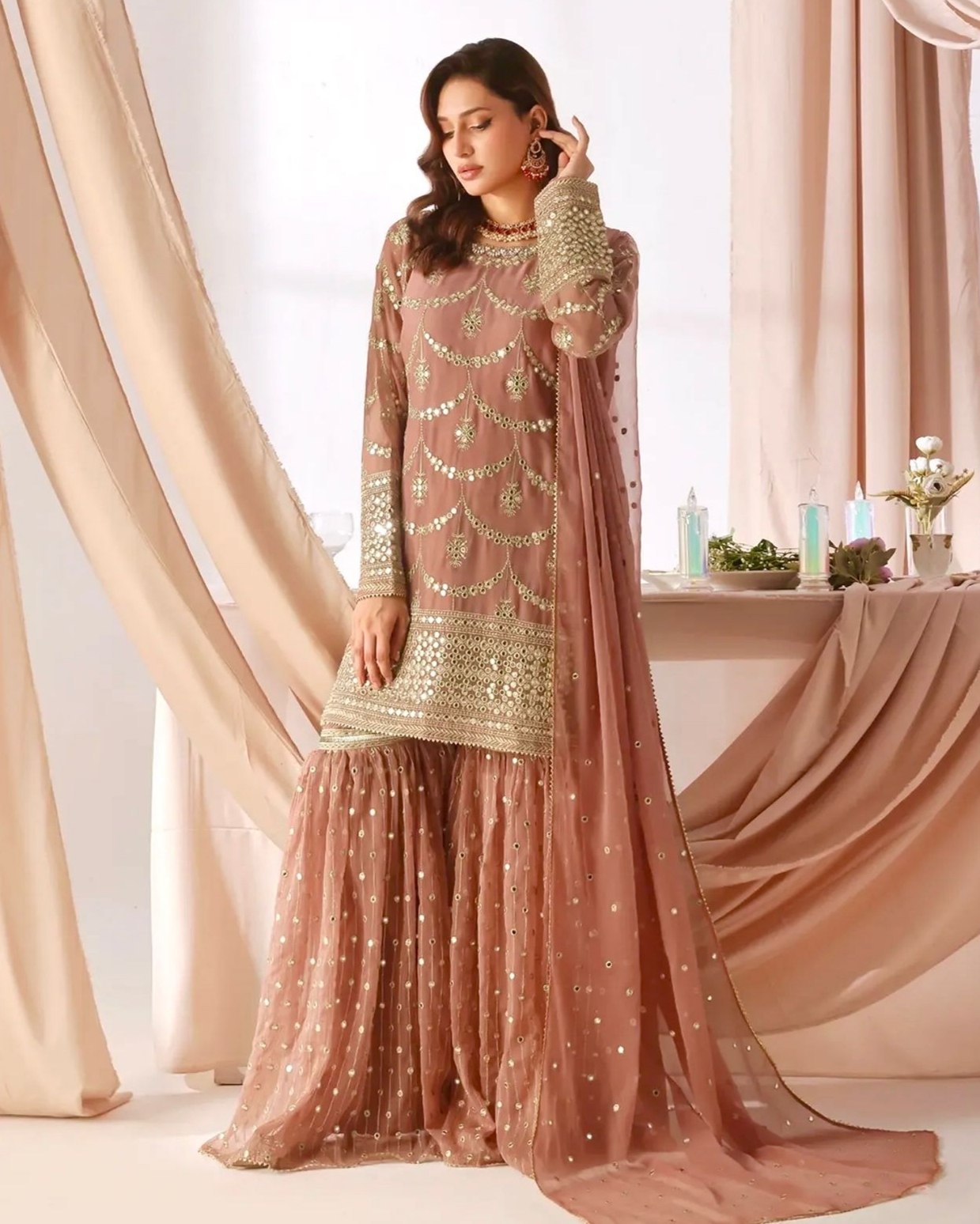 Ready To Wear Red Lavender Peach Blue Soft Georgette Embroidery Kurti Sharara With Dupatta