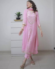 Ready To Wear Baby Pink Faux Georgette Embroidery Work Pant Suit With Dupatta