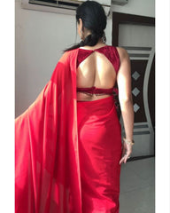 Designer Red Georgette Saree With Velvet Blouse