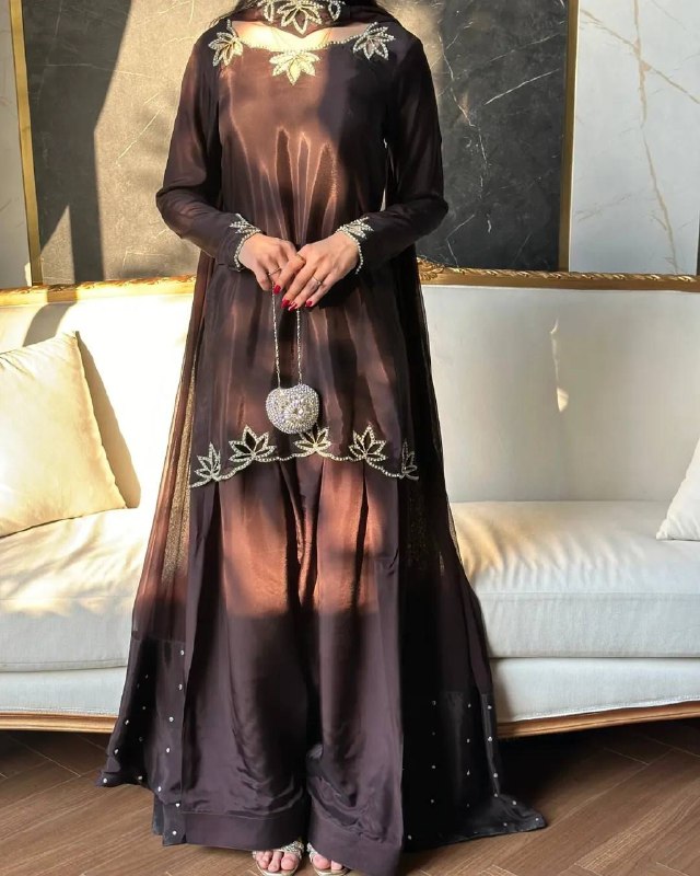 Exclusive Brown Natural Crep Silk Embroidery Farshi Salwar Suit With Dupatta