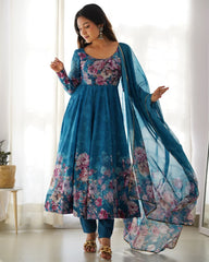 Ready To Wear Rama Organga Silk Floral Print Work Anarkali Suit With Dupatta