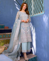 Designer Sky Butterfly Net Embroidery Work Pant Suit With Dupatta