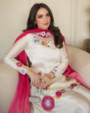 Ready To Wear White Roman Glass Silk Kurti Palazo With Dupatta