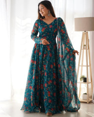 Ready To Wear Rama Green Faux Georgette Floral Printed Work Anarkali Gown With Dupatta