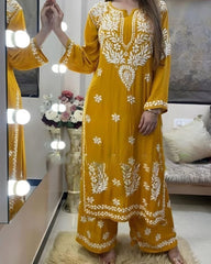 Ready To Wear Mustard Rayon Cotton Embroidery Work Chikan Kari Suit