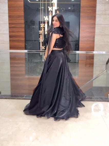 Designer Black Satin Silk Sequence Work Lehenga Choli With Dupatta
