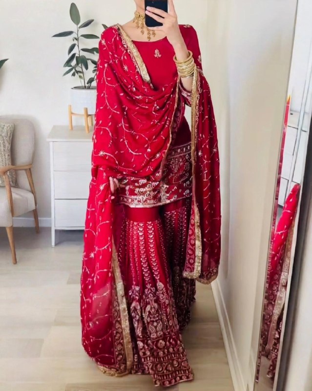 Ready To Wear Red Chinon Silk Sharara Kurti With Dupatta