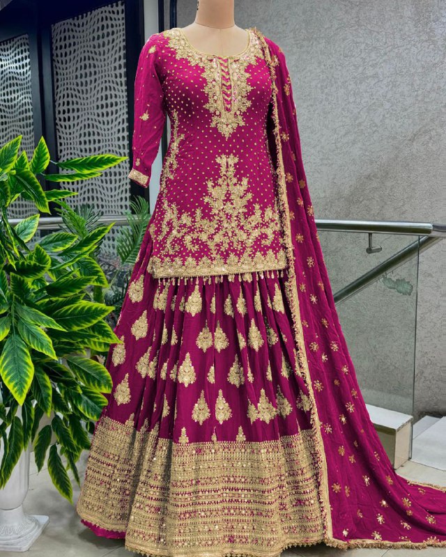 Designer Chinon Silk Embroidery Work Lehenga Top With Dupatta