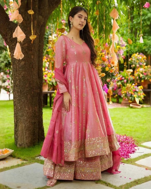 Ready To Wear Pink And Green Crunchy Silk Anarkali Palazo With Dupatta