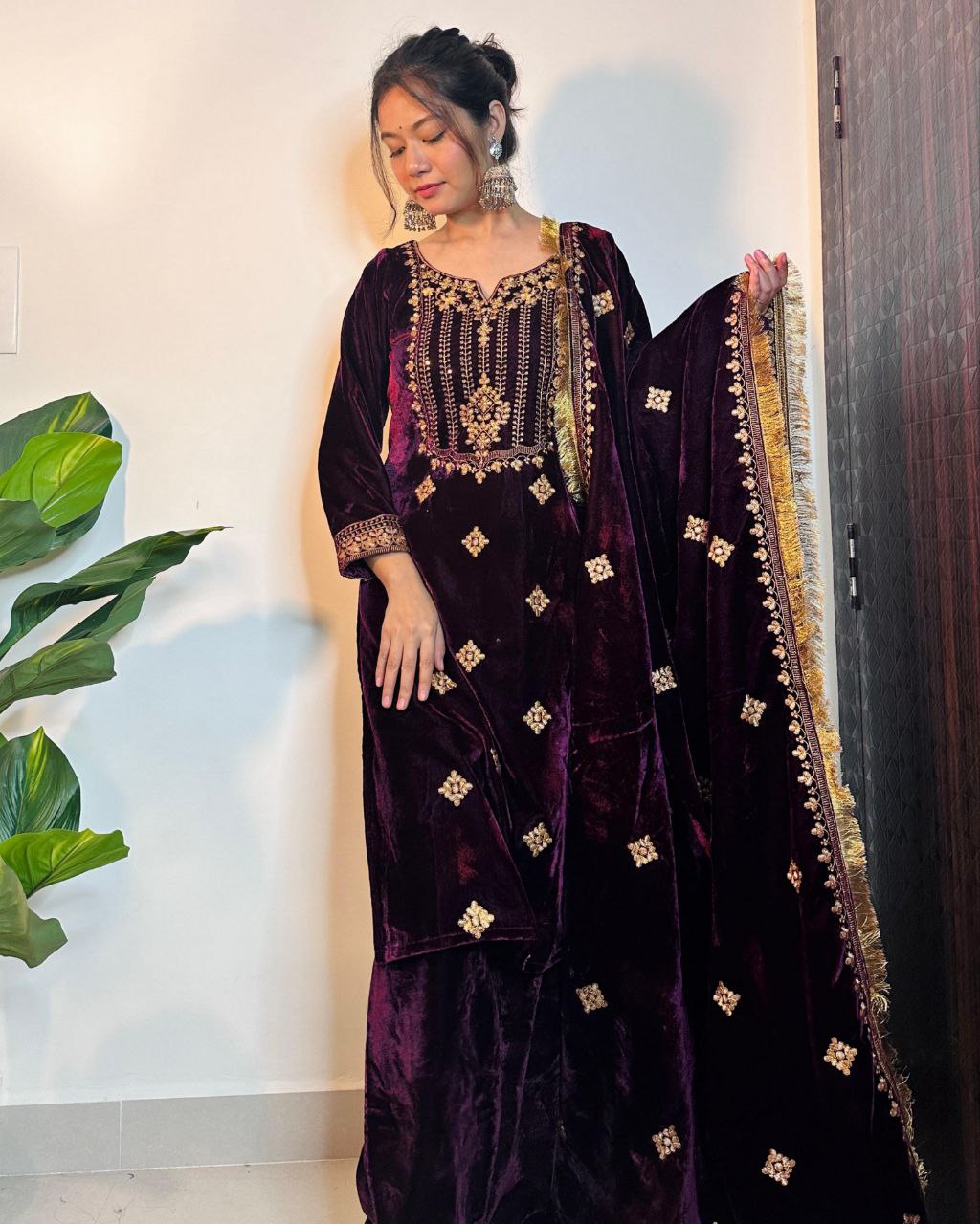 Ready To Wear Wine Purple Micro Velvet Embroidery Work Pakistani Suit With Dupatta