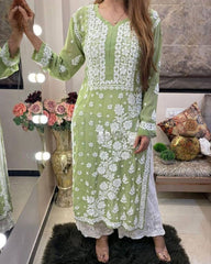 Ready To Wear Green Faux Georgette Embroidery Work, Chikan Kari Suit