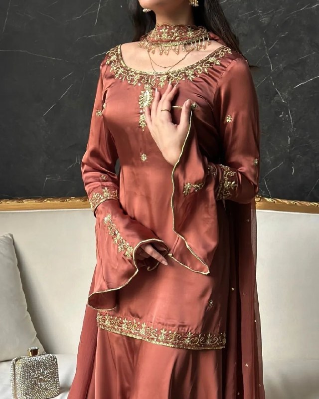 Ready To Wear Rust Brown Natural Crep Silk Palazo Kurti With Dupatta