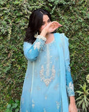 Ready To Wear Sky Blue Chinon Silk Embroidery Kurti Palazo With Dupatta