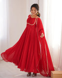 Premium Red Soft Georgette Embroidery Gown Set With Dupatta